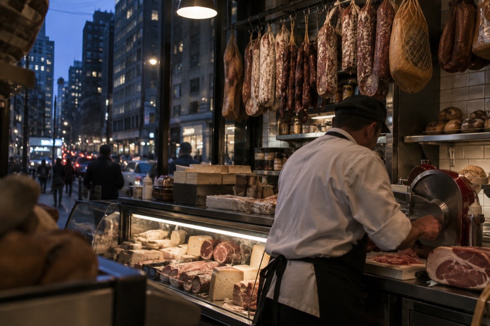 A busy delicatessen counter with hanging salamis and a server slicing meat by hand