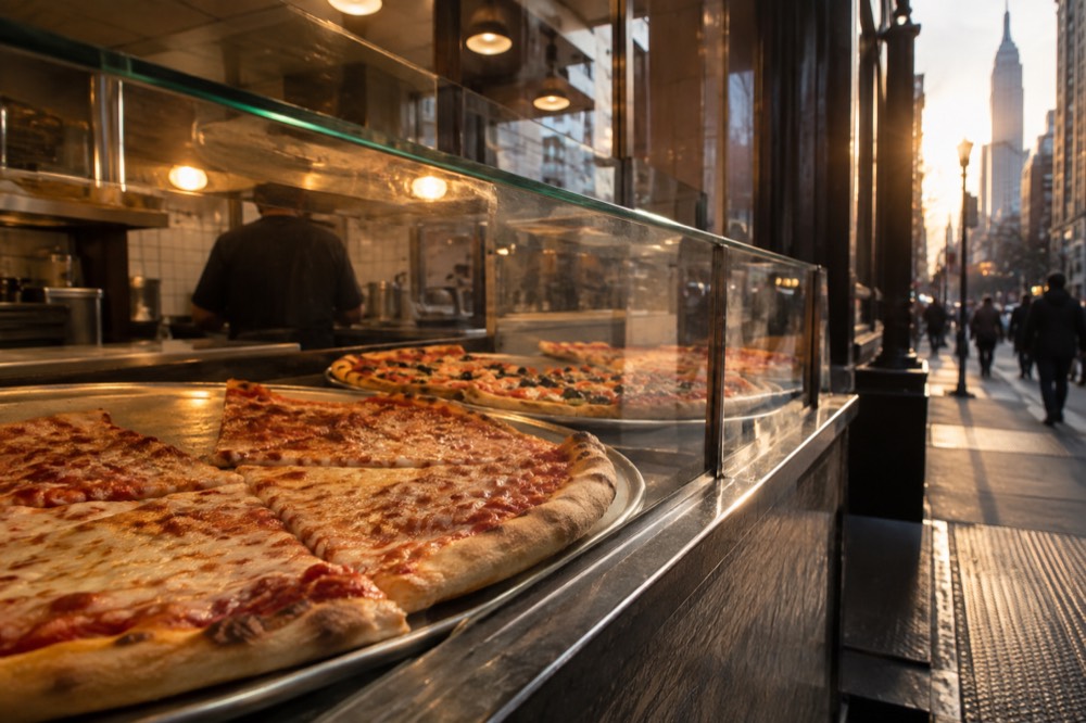 Slices of pizza displayed behind a glass counter in a New York slice shop