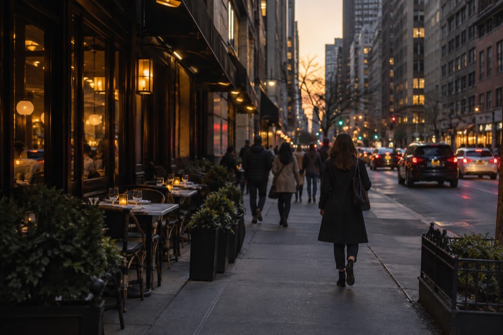A restaurant row street at dusk with lit signs and outdoor tables