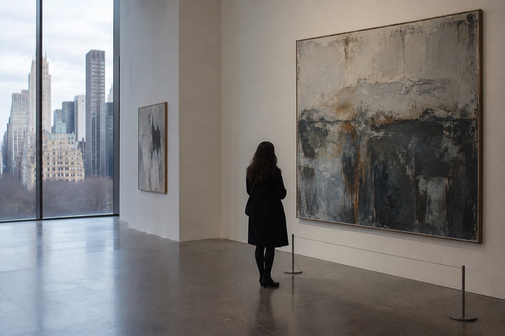 An empty museum gallery with a visitor viewing a large painting