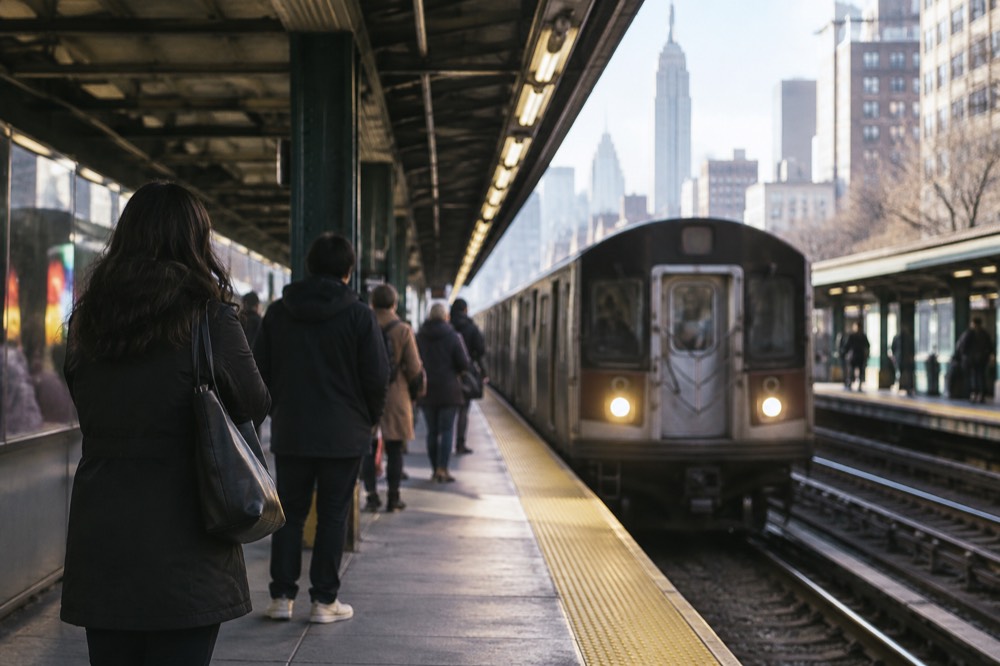 A subway platform with a train arriving and passengers waiting