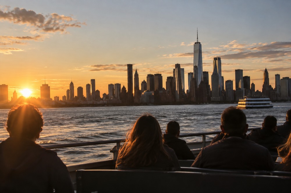 A cruise boat on the harbor at sunset with the Manhattan skyline glowing behind it