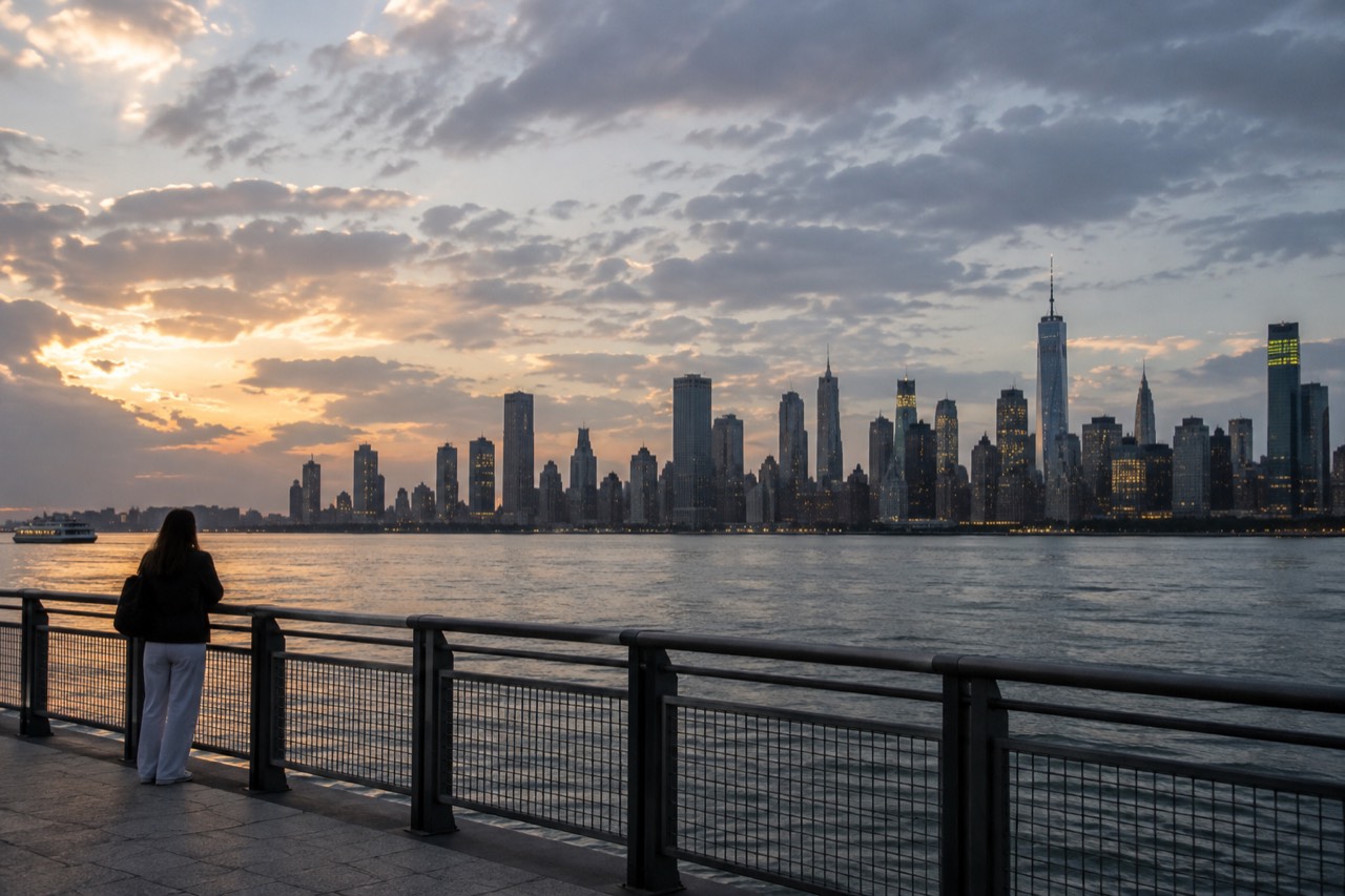 The Manhattan skyline at dusk seen across the Hudson River from a waterfront promenade