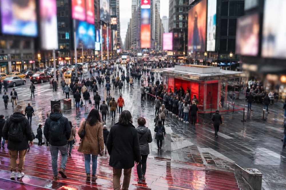 The red TKTS discount booth steps in Times Square with a queue of people waiting