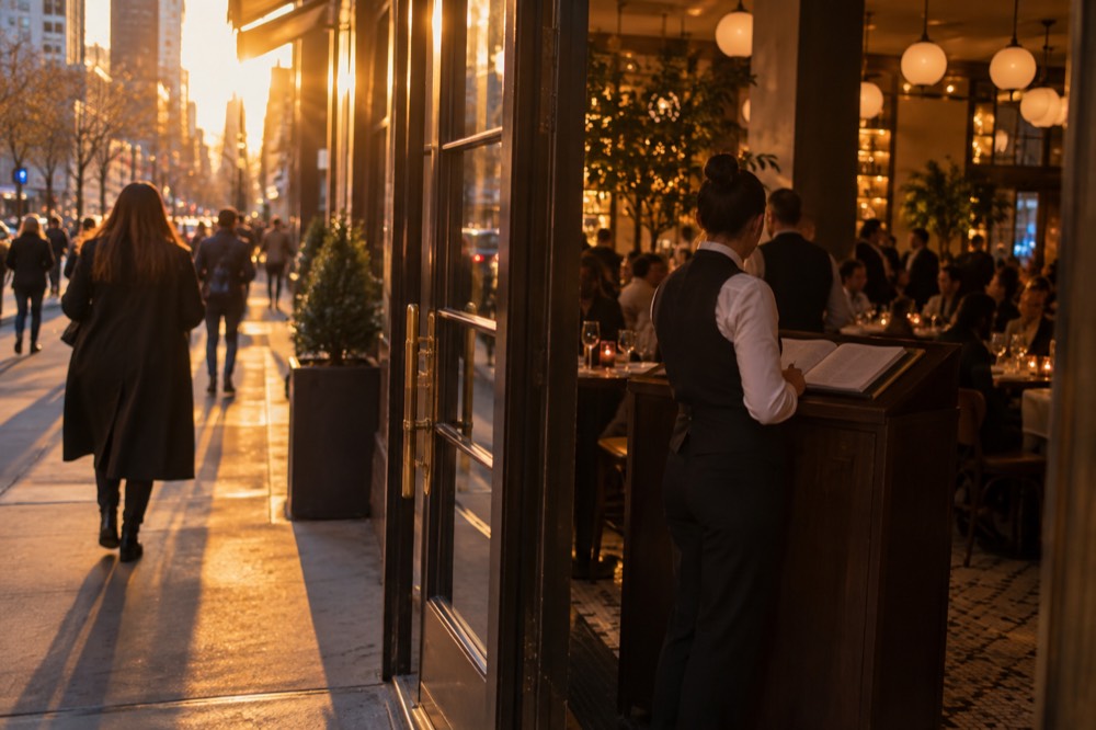 A host stand with a reservation book inside a busy New York restaurant entrance