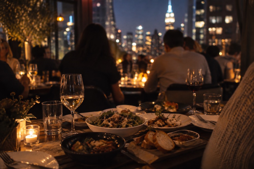 A table of shared dishes and drinks at a lively New York restaurant at night