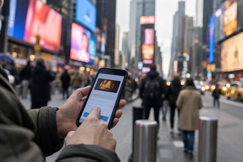 A theatergoer holding a smartphone showing a Broadway ticket lottery entry form