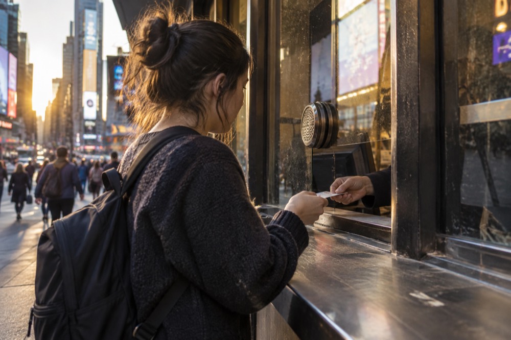A young audience member collecting a rush ticket at a Broadway box office window