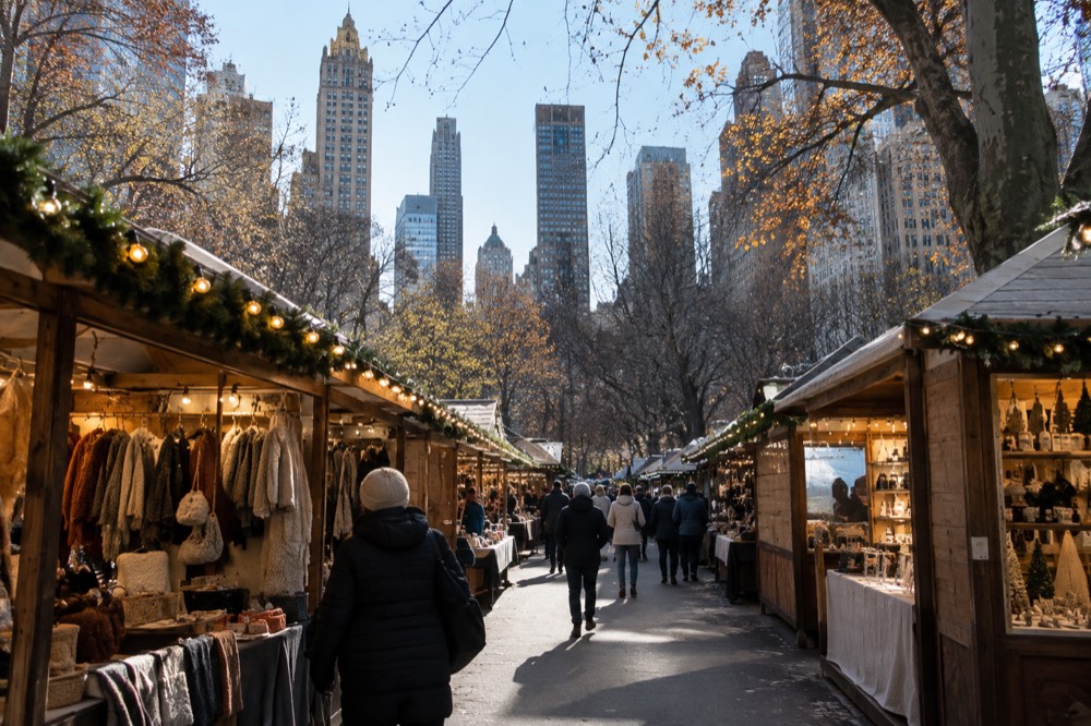 Festive wooden market stalls with string lights in a Manhattan park
