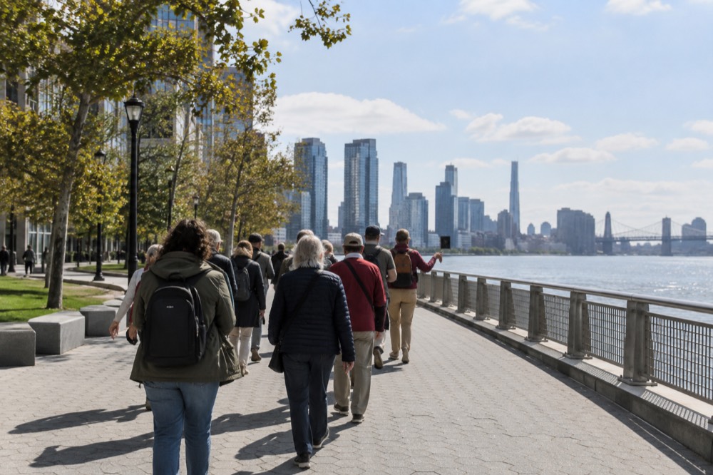 A tour group with a guide walking along a riverside path away from the city