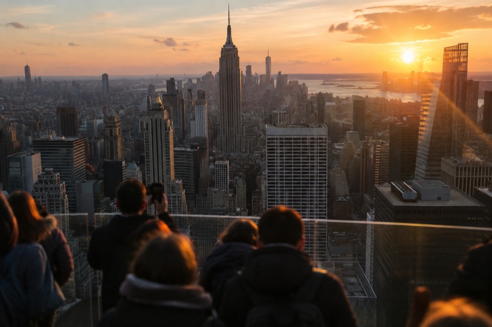 Sunset light falling over the Manhattan skyline from an observation deck
