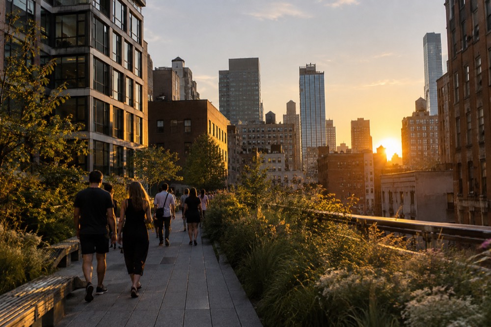 People strolling along an elevated walkway lined with plants between city buildings