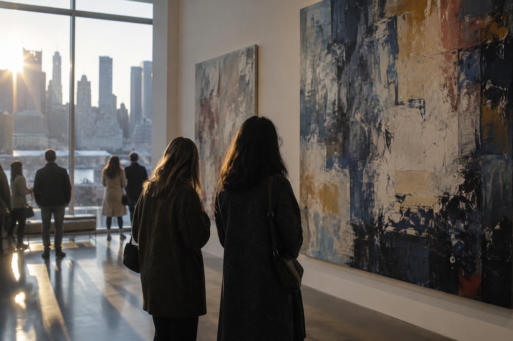 Visitors looking at large paintings in a bright modern gallery room