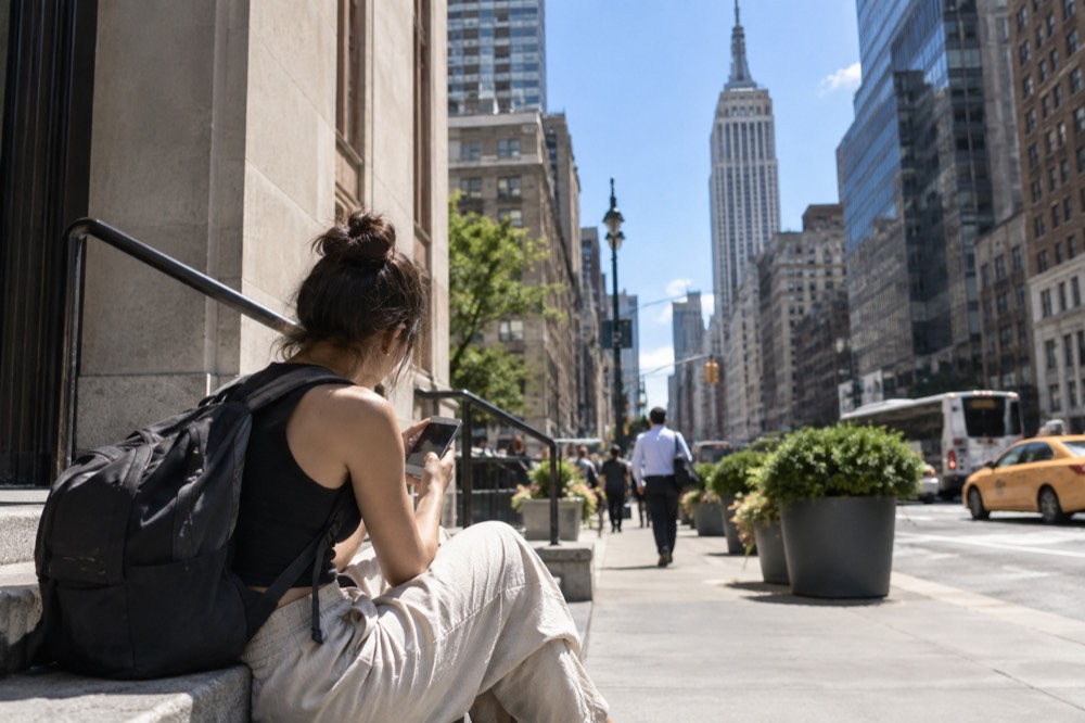 A traveler comparing pass options on a phone while sitting on a Midtown stoop