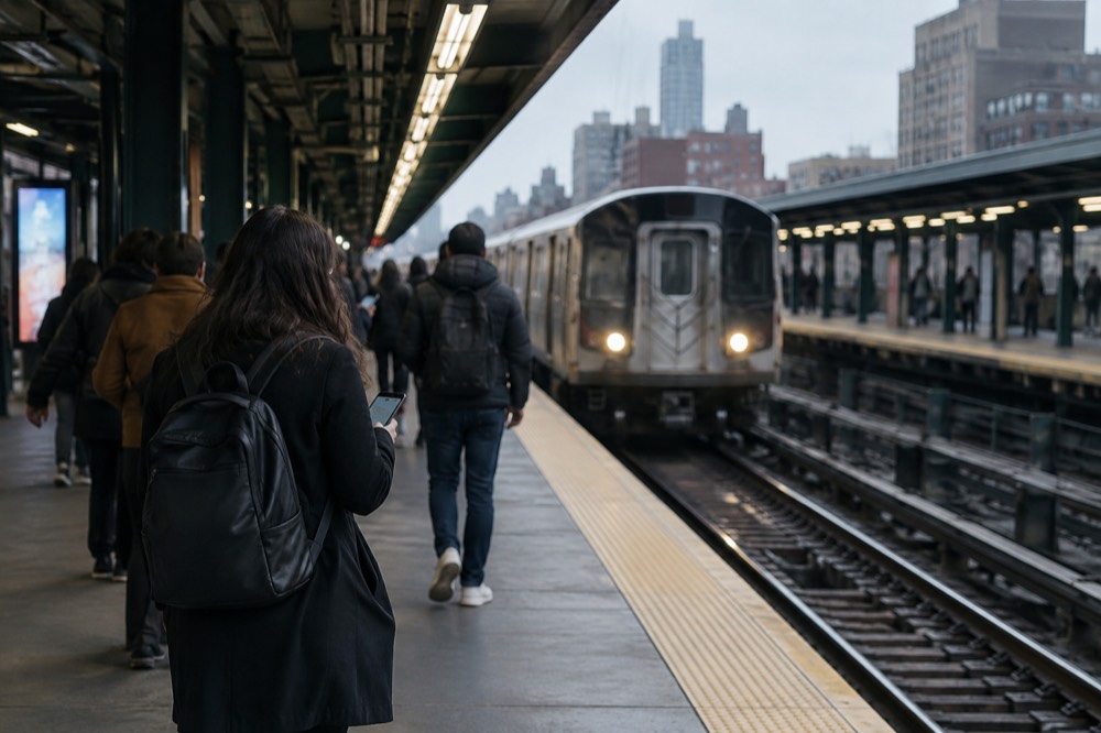 A subway platform in Manhattan with a train arriving as travelers check their phones