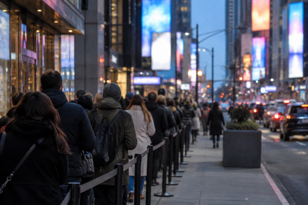 A ticket booth queue stretching along a sidewalk in the Theater District during the day