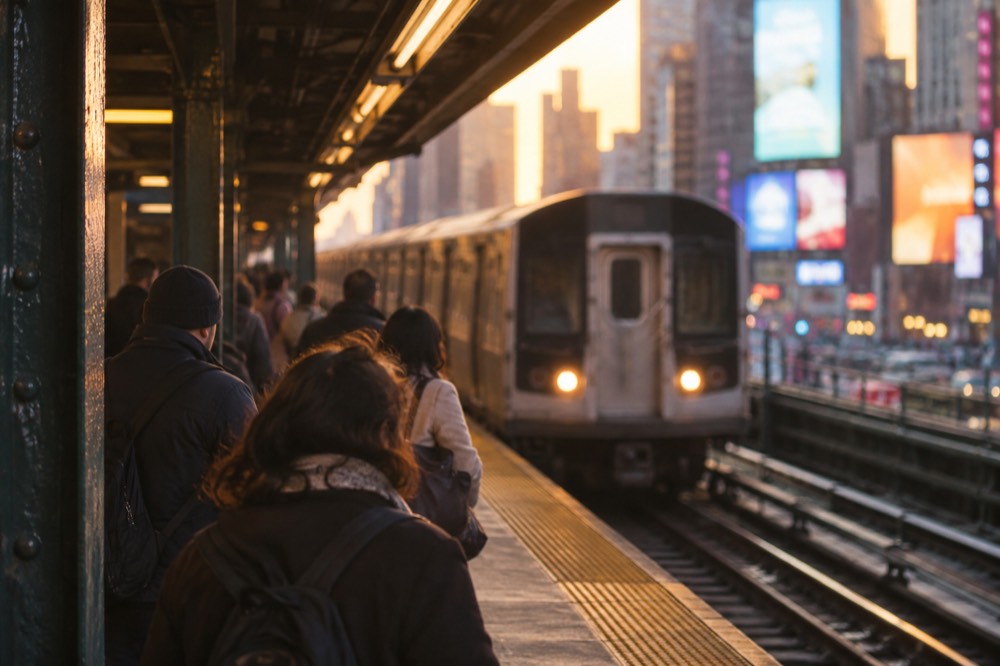 A subway platform with a train pulling in as passengers wait near the yellow safety line