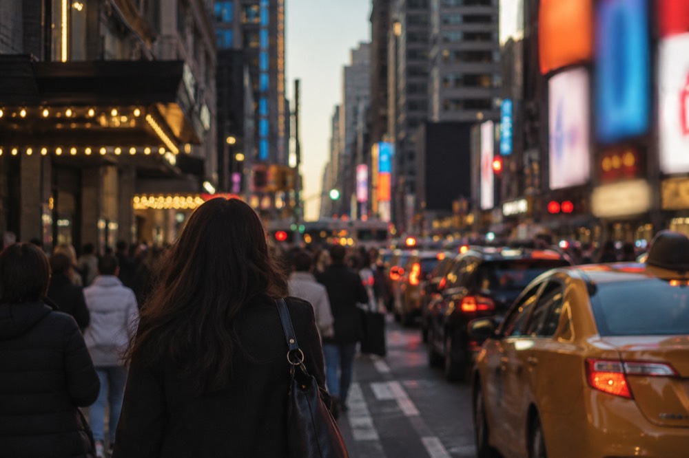 A Broadway street at dusk with theater marquees lit up and pedestrians crossing