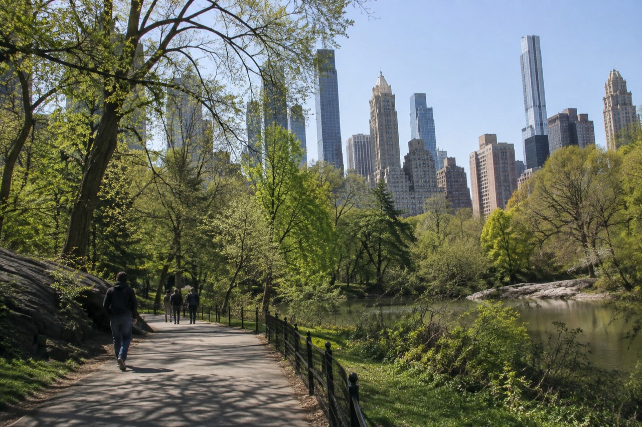 A quiet tree-lined path in Central Park with the skyline rising behind the trees