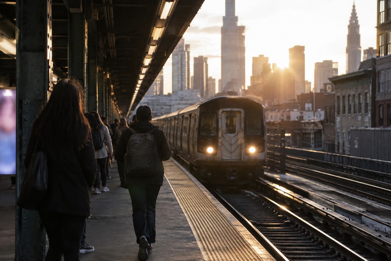 A New York subway platform with a train arriving and passengers waiting