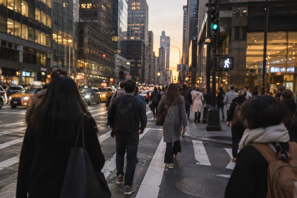 Pedestrians crossing a busy Manhattan street at dusk with traffic lights glowing