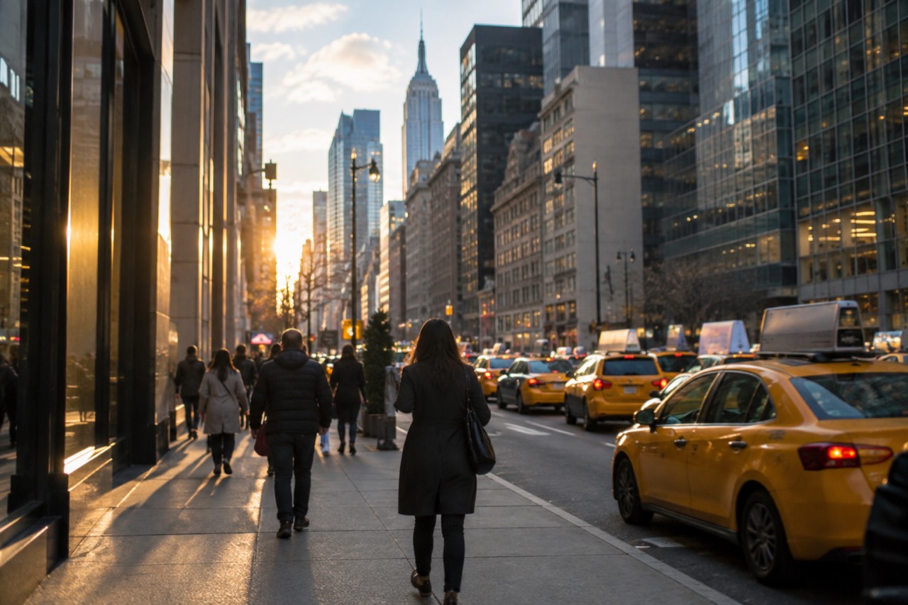 A busy New York sidewalk with pedestrians walking past yellow taxis in the evening