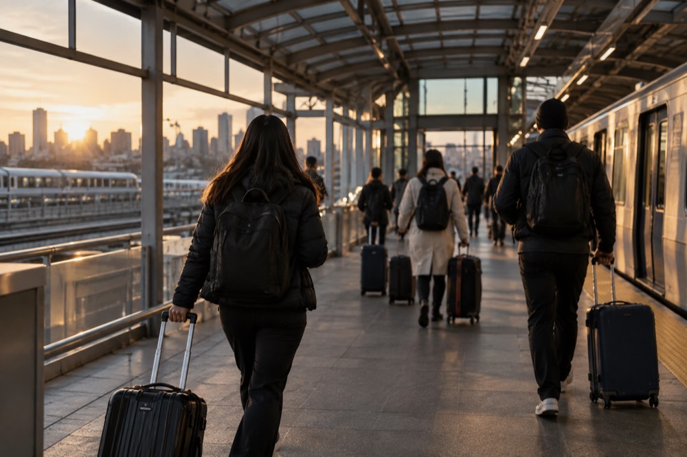 Travelers with rolling suitcases passing through the Jamaica AirTrain and subway transfer station