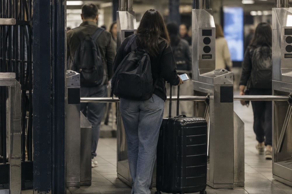 A visitor pulling a large suitcase through a subway turnstile while holding a phone showing a transit map