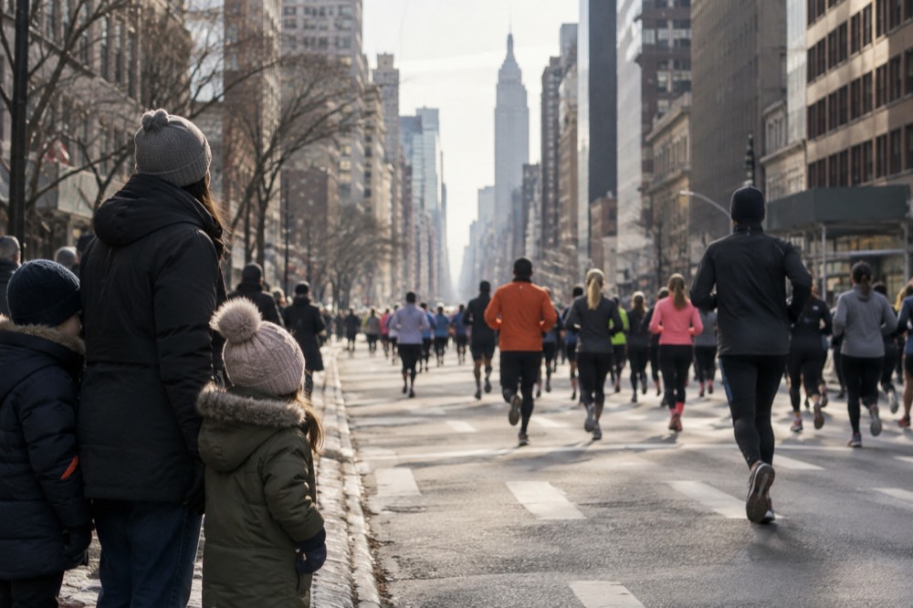 A family bundled in hats, scarves and gloves watches from a sidewalk curb on a cold clear morning