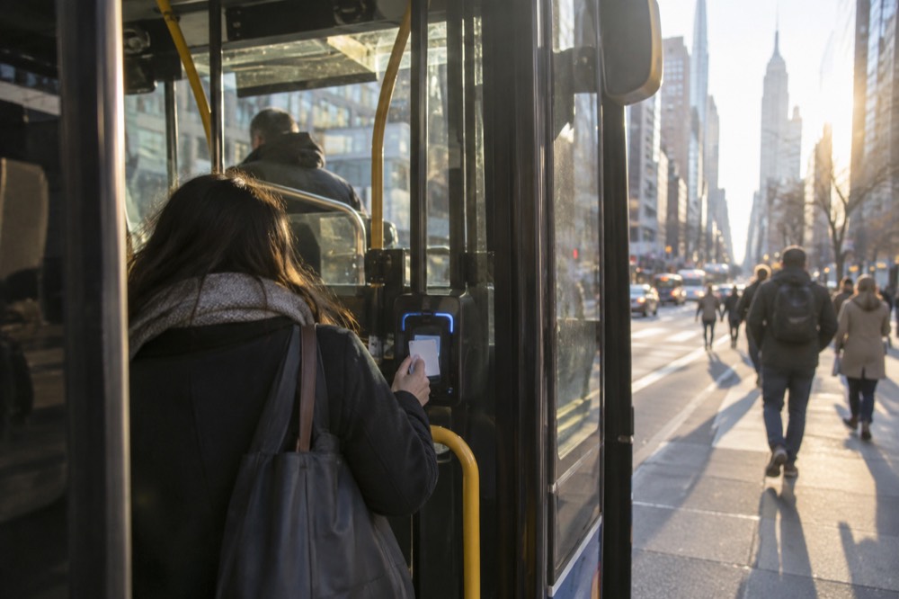A rider tapping a contactless bank card on an OMNY reader at a New York bus front door