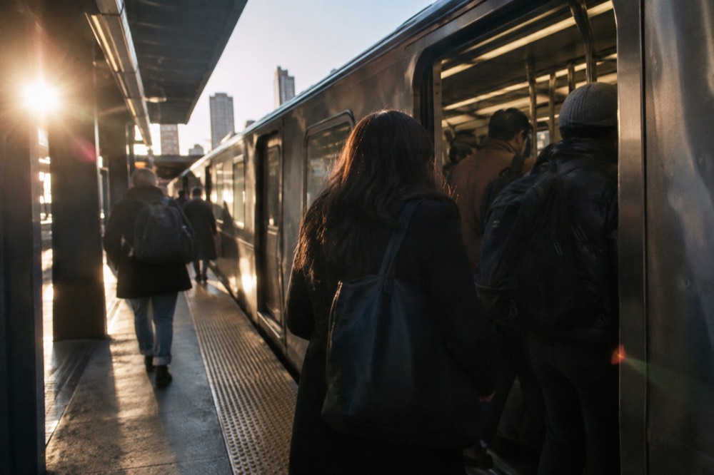 Passengers boarding a New York subway train at a platform
