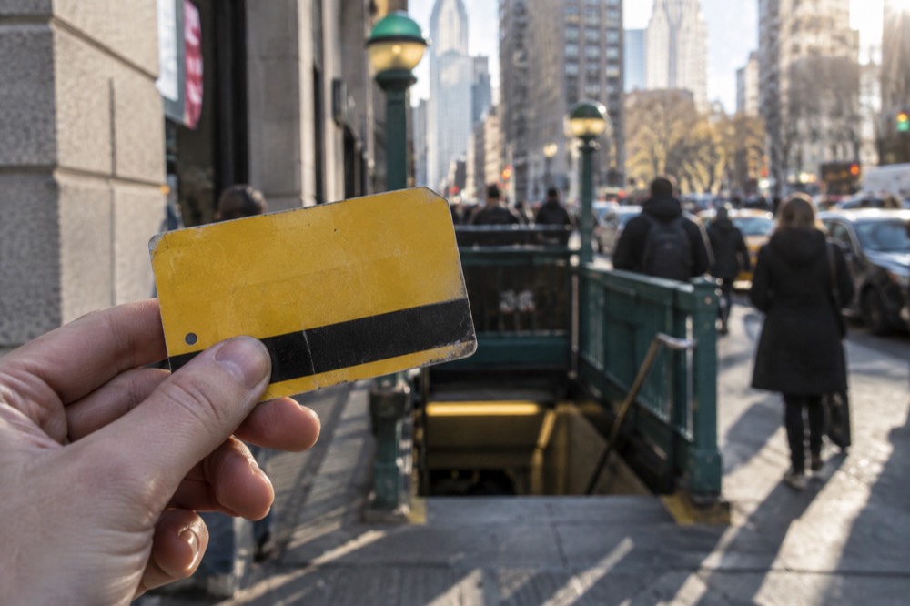 A worn MetroCard held in a hand outside a New York subway station