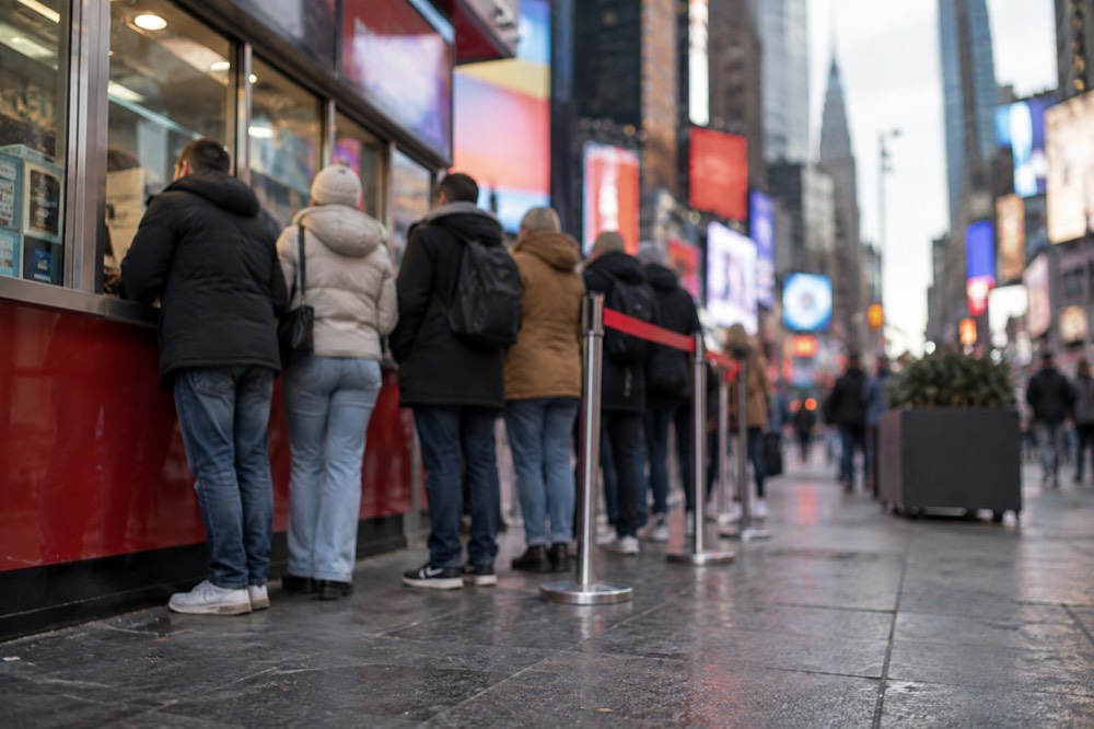 A discount ticket booth in Times Square with a short line of people waiting