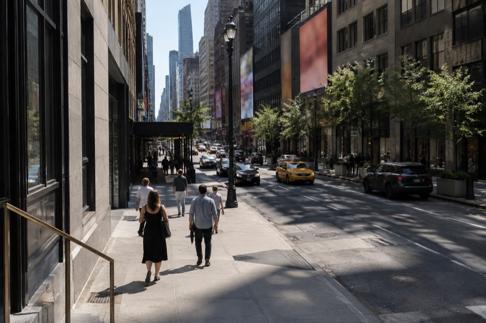 A quiet Broadway street in the afternoon before the evening performances begin