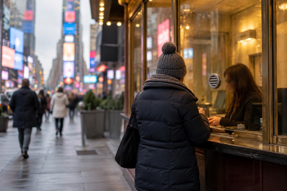 A theatre box office window with a clerk serving a customer under warm lobby lighting