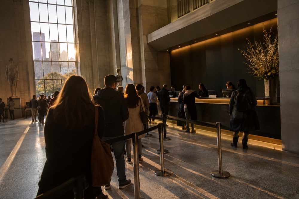 People queuing at a museum ticket desk beneath a high ceiling