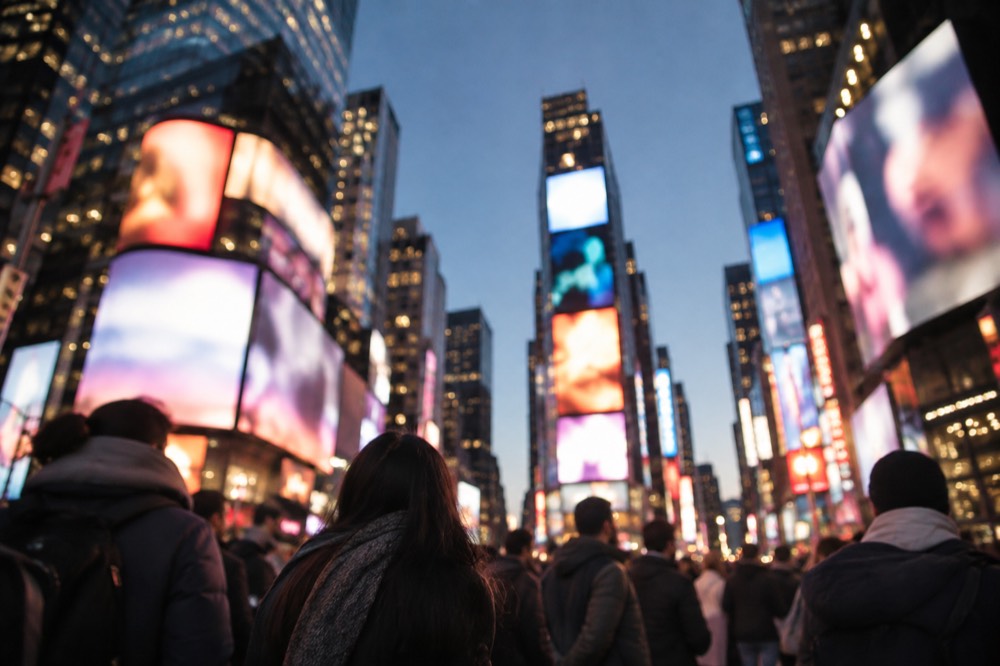 Times Square at night crowded with people waiting under glowing billboards