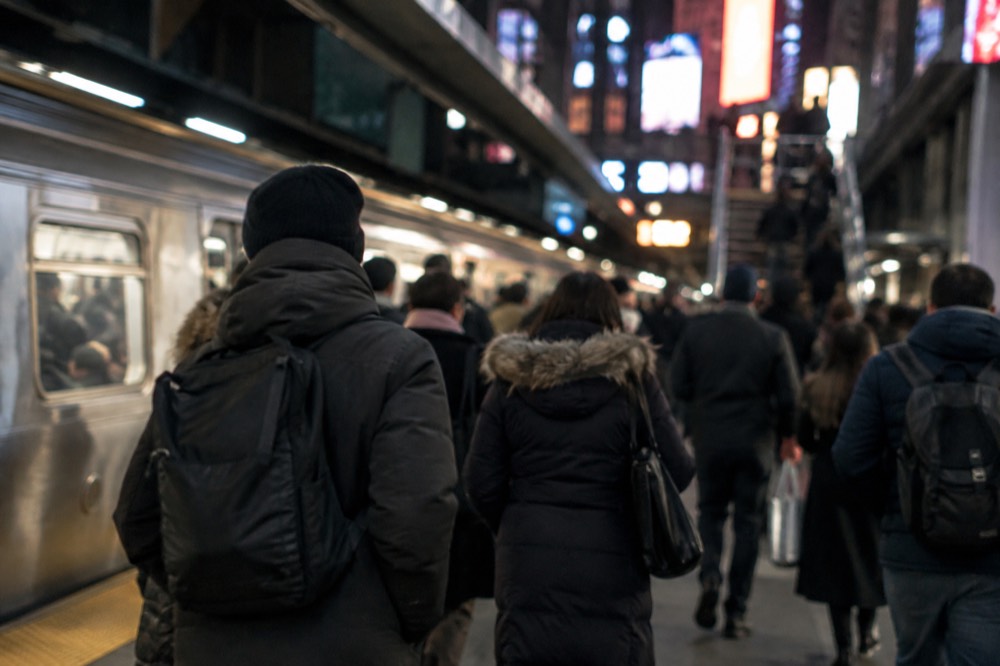 A crowded subway platform with people in winter coats at night