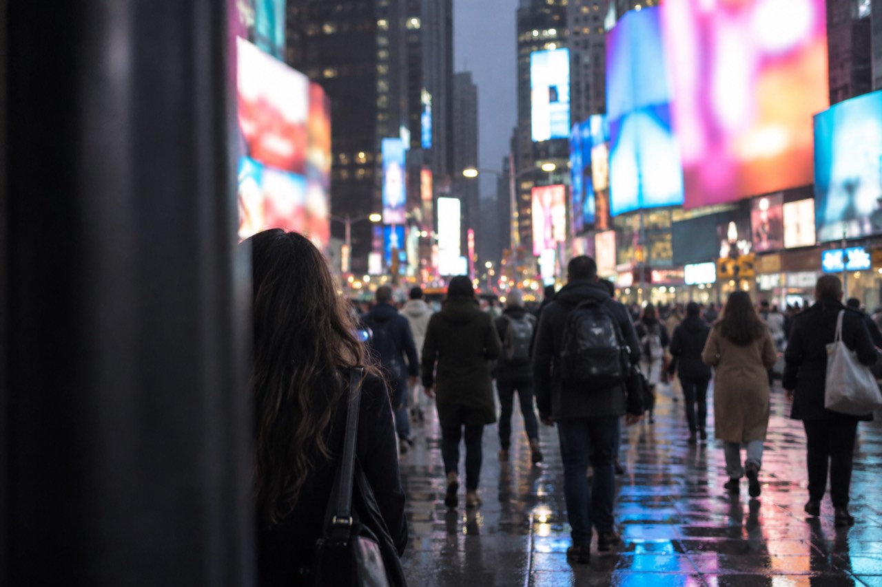 Crowds gathered in Times Square at night under bright billboards waiting for the New Year's Eve ball drop