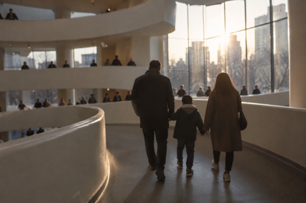 A family walking the ramps of the Guggenheim Museum's rotunda
