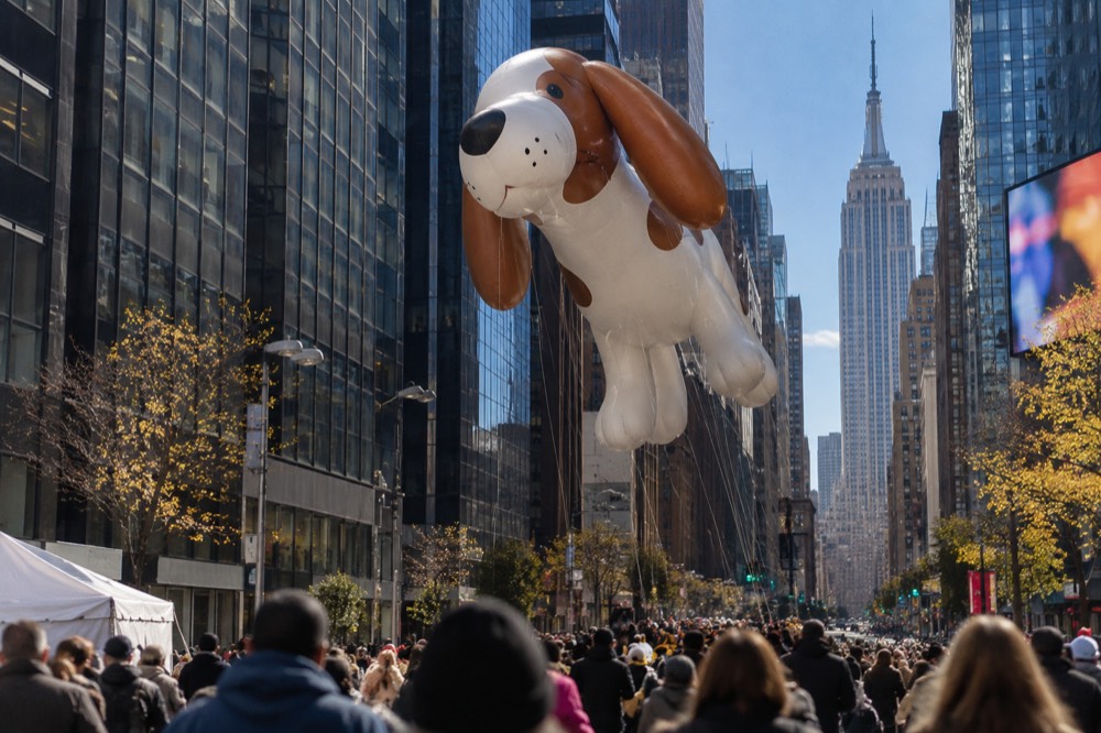 A large helium balloon floating above a crowded Manhattan avenue