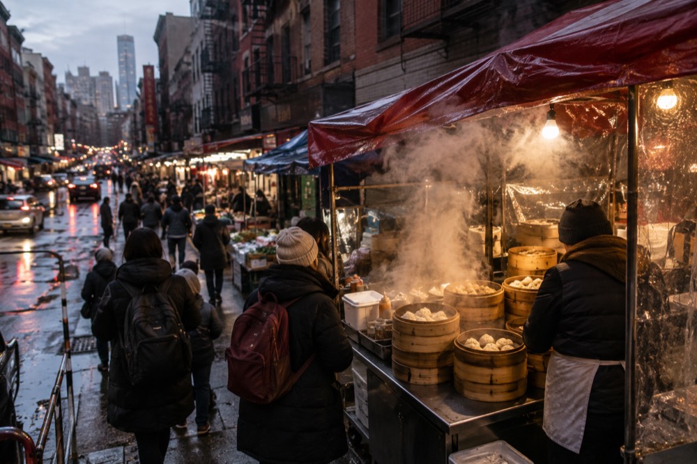A Chinatown street market stall with steam rising from dumpling baskets in cool evening air