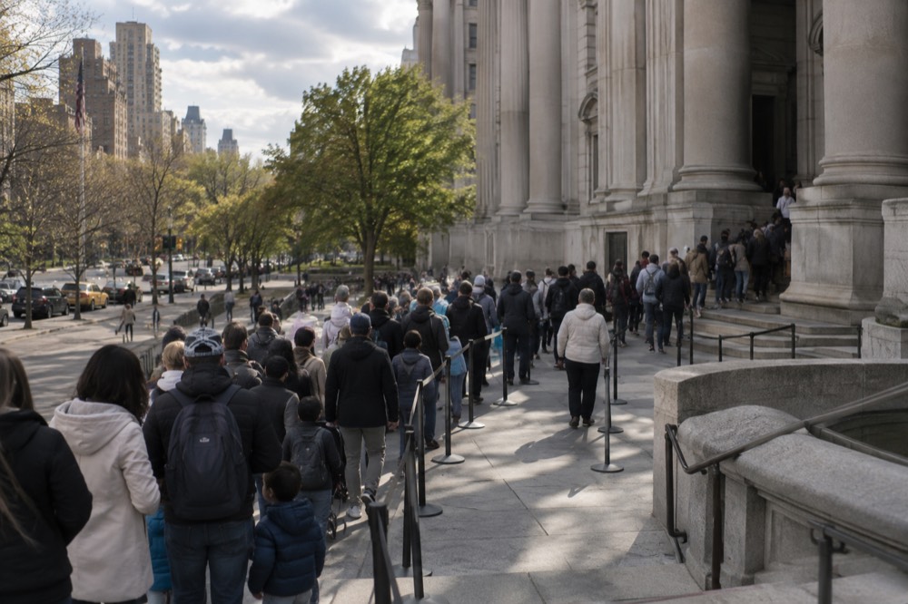 Families queuing outside the American Museum of Natural History on the Upper West Side