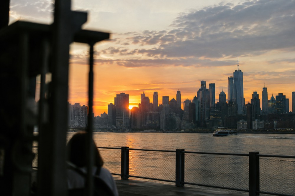Sunset over the Manhattan skyline seen from across the East River