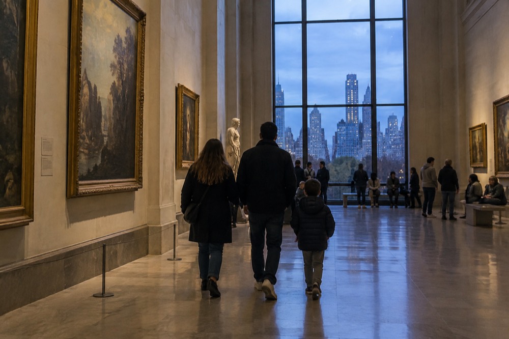 A family walking through a museum gallery with tall ceilings and large paintings