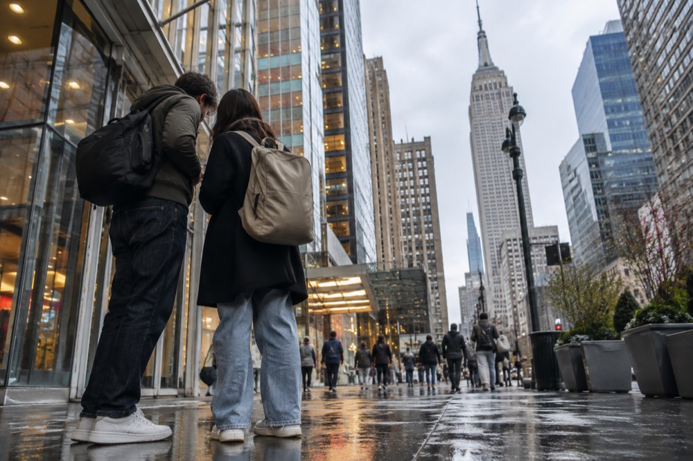 Two travelers checking a phone map outside a Midtown subway entrance