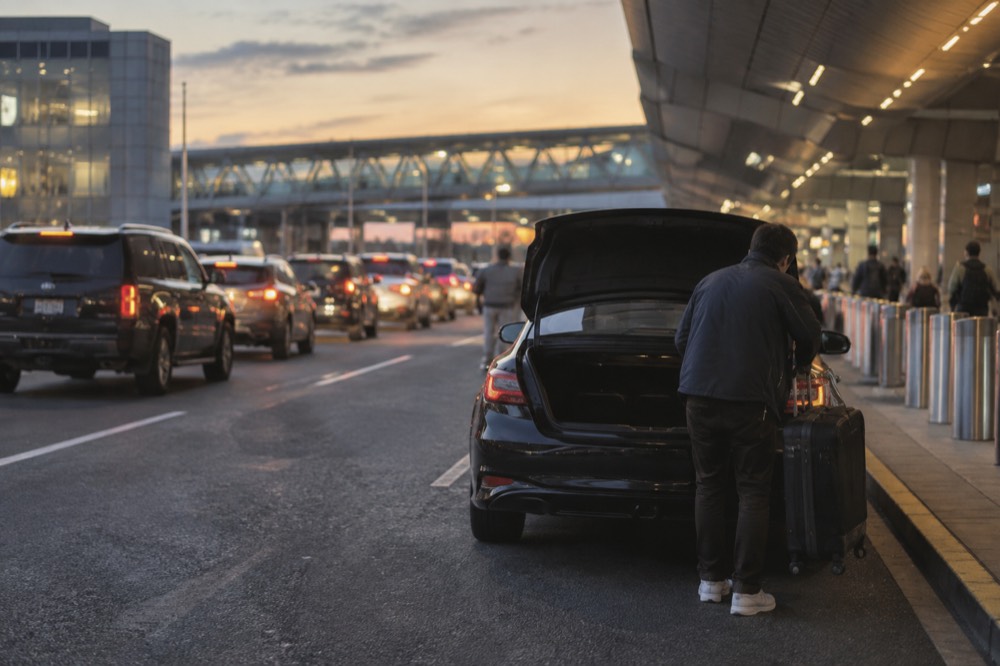 A private car waiting at an airport curb pickup area at dusk