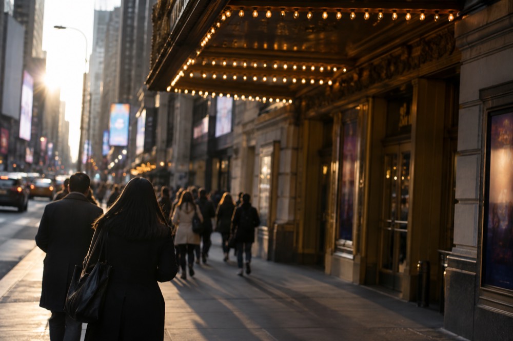 A Broadway theater marquee lit up at night in the Theater District