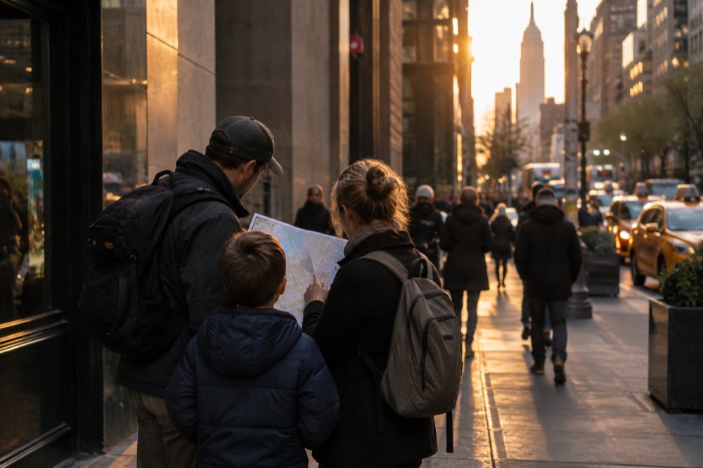 A family studying a city map on a busy Midtown sidewalk with yellow taxis passing behind them
