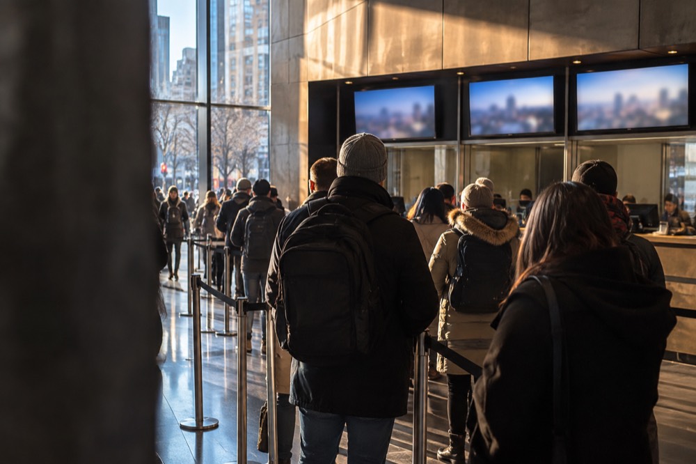 A ticket window in a New York attraction lobby with a queue of visitors waiting